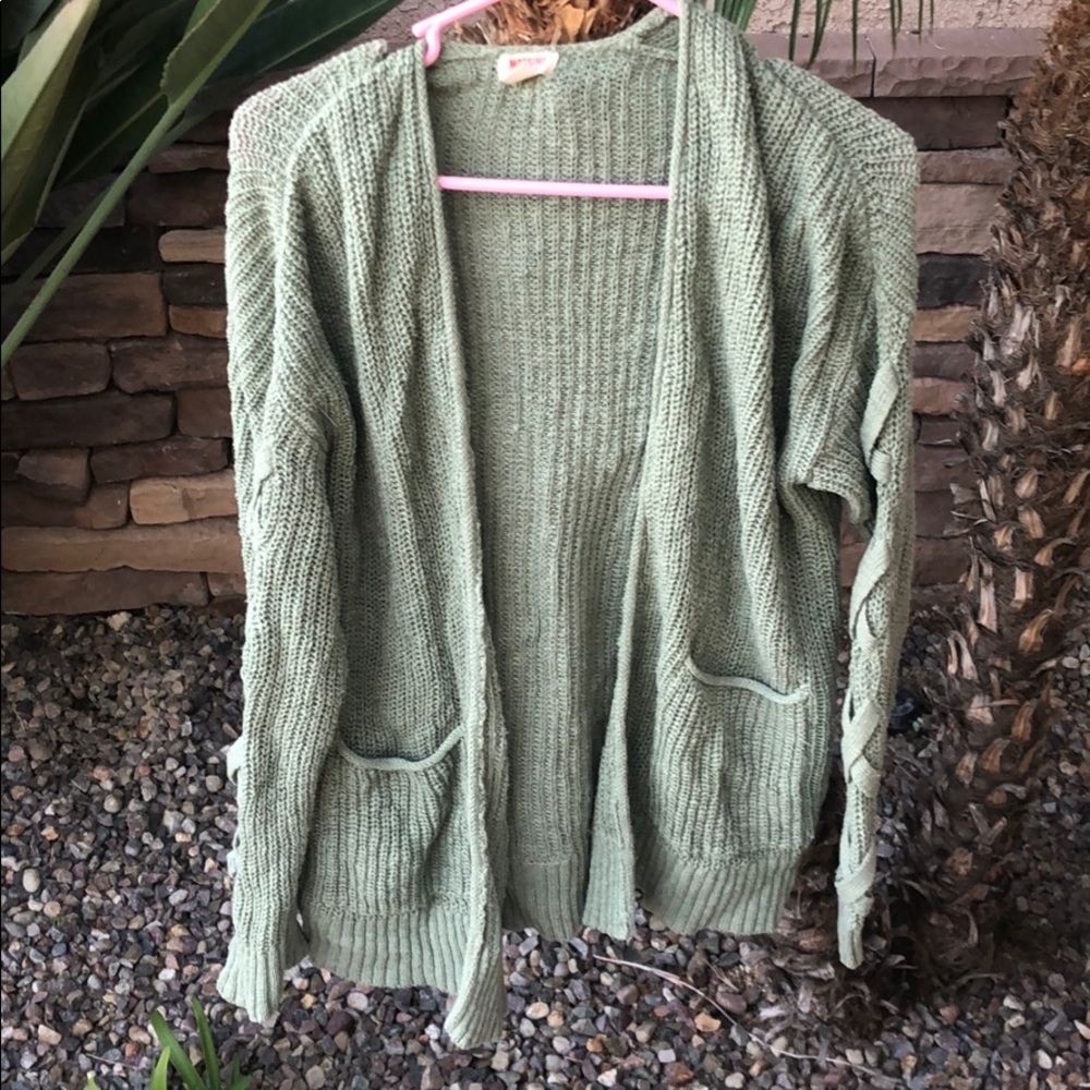 Pale green long cardigan with arm detail